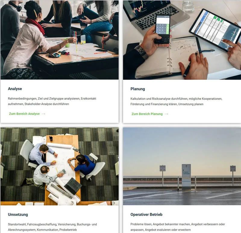 Viele Werkzeuge von der Analyse bis zu Planung, Umsetzung und operativem Betrieb sind in der Website gemeinsam-mobil.net integriert.