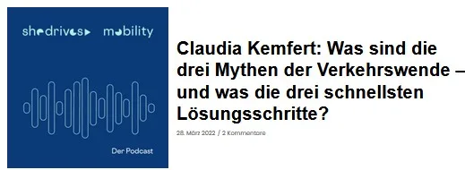 Prof. Claudia Kemfert wird nicht nur von Katja Diehl, sondern von einer breiten Masse an Menschen, die Transformation faktenbasiert betreiben, hoch geschätzt. In diesem Talk eklärt sie ihre aktuelle Sicht auf die Verkehrswende.